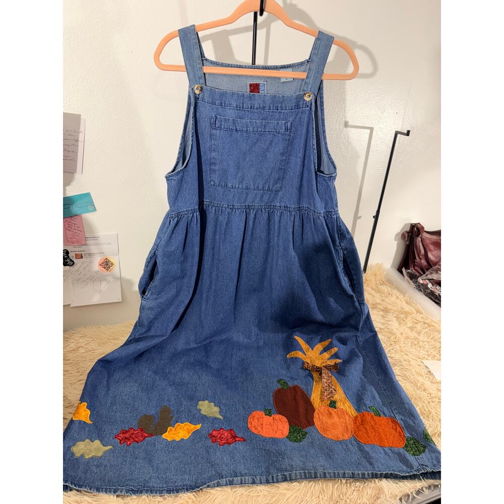 Vintage Sun Belt Denim Fall Applique Jumper Dress L - Picture 2 of 11